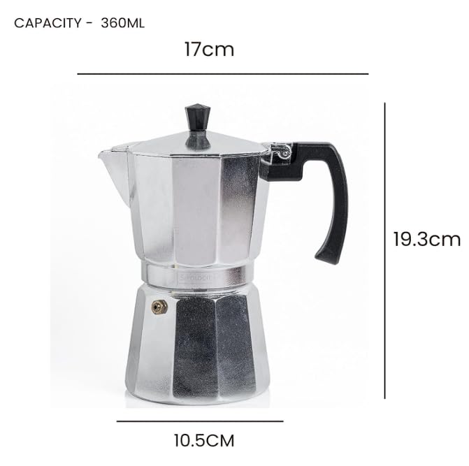 Image of Sipologie Roma Moka Pot Espresso Maker, 360ml, Classic Italian Brewing for Flavourful & Strong Coffee, Premium Grade Aluminium Stovetop Percolator, Silver