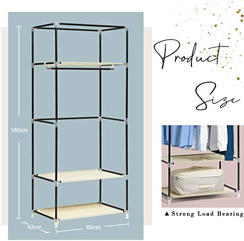 Hododou Portable Wardrobe Single Canvas Wardrobe Cupboard Clothes Storage Organizer with Hanging Rail Foldable Closet for Clothes, Bags, Toys, Shoes, Living Room, Bedroom 160 x 69 x 43CM (Beige)