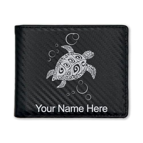 LaserGram Faux Leather Bi-Fold Wallet, Hawaiian Sea Turtle, Personalized Engraving Included (Carbon Fiber Black with Silver)