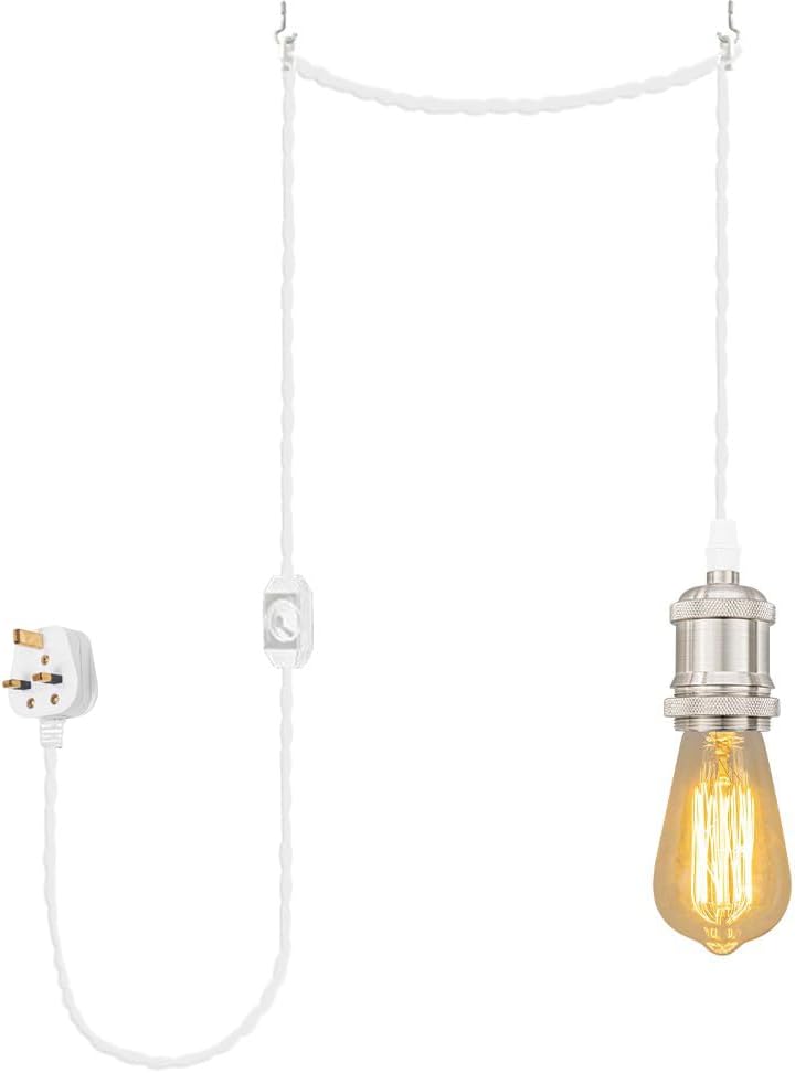 4.5 Meters of White Twisted Fabric Cable Plug In Pendant Lighting Kit Pendant Light Fitting with Dimmer Switch and E27 Brushed Nickel Lamp Holder