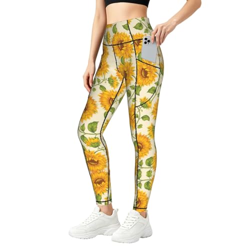 Leggings con estampado de girasol amarillo que estilizan y tienen bolsillos