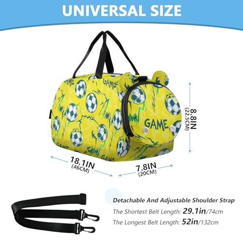 Gym Travel Duffle Bag for Boys Girls Yellow Football Game Pattern Sports Dance Bag with Shoe Compartment & Wet Pocket Football Kids Travel Bag Teens Sleepover Carry3