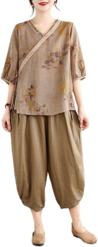 Women Linen Blouse Pants Set Casual Loose Fit Everyday Wear