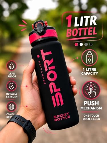 Image of Sport Water Sipper Bottle with Soft Silicon Straw, Leak Proof, 1000ml, (RED BLACK)