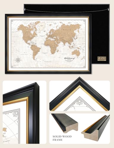 Image of IPIC - Custom Vintage World Map Canvas Wall Art, Personalized Artwork with Names and Message on, Framed Oversize Travel Map for Home, Office, or Study, Push Pin Wall Decor for Travel Lovers