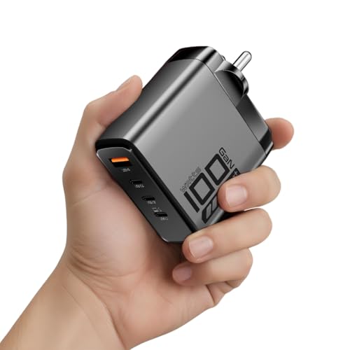 Image of Boat 100W GaN Charger: Fast Charging Adapter with 4 Ports (3 USB-C + 1 USB-A), PD Support, MacBook air M3 0-50% in 26 Minutes, Compatible w /All iPhones, Android Phones, MacBooks, Dell, HP (Ash Grey)