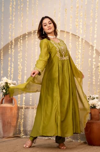 Image of Women Chanderi Silk Embroidered Kurta Pant Dupatta Set | Ethnic Wear | 2.25m Dupatta | S-XXL | Green & Teal Blue