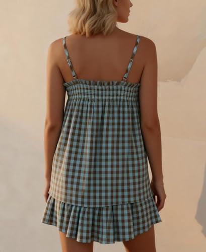 Image of SOOKABEILA Women 2 Piece Lounge Set Sleeveless Striped Cami Peplum Top Boxer Shorts Loose Ruffle Matching Pj Sets Outfits