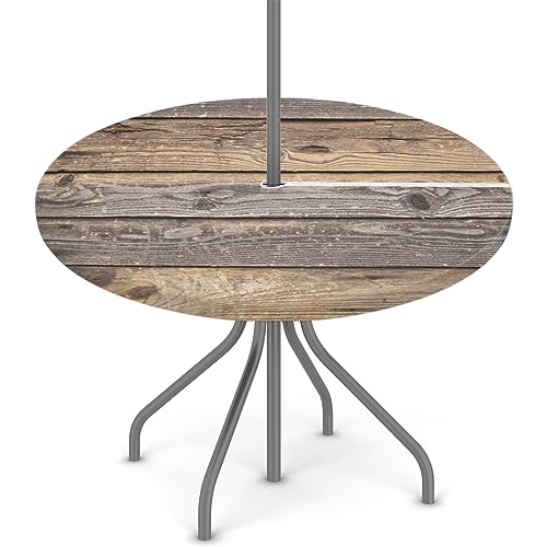 Outdoor Round Tablecloth with Umbrella Hole Vintage Rustic Wood Texture Round Fitted Patio Table Cover with Elastic Edged Waterproof Wipeable Table Cloth Fit 45