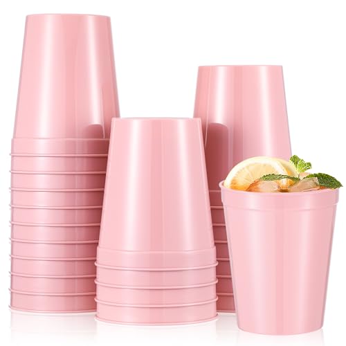 Mifoci 24 Pcs Stadium Plastic Cups Blank Reusable Drink Tumblers Bulk Stackable Drinking Stadium Tumbler for Birthday Party Weddings Mardi Gras(16oz,Pink)