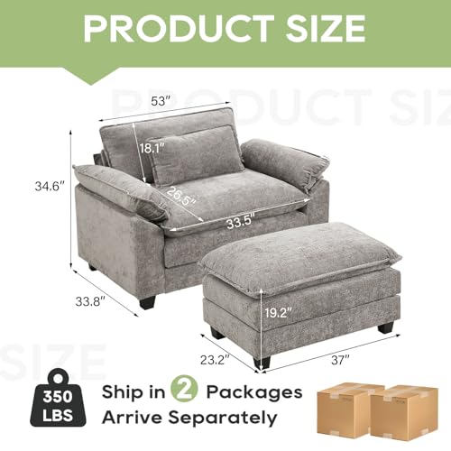 Image of Oprisen 53 inch Modular Sectional Sofa, Comfy Cloud Couch Sectional Sofa with Ottoman, Chenille Sofa Sleeper Deep Seat Sofa with Throw Pillows for Living Room (Light Gray)