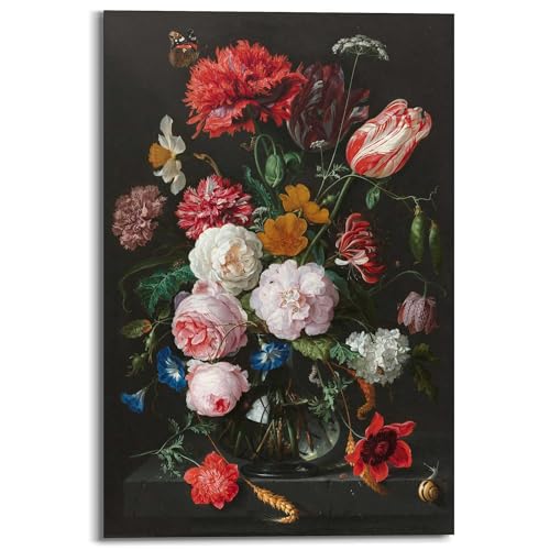 REINDERS Wandbild, De Heem Stillleben mit Blumenvase, Wohnzimmer, Bilder, Wanddeko, Room Decor, MDF, Rot, 90x60cm