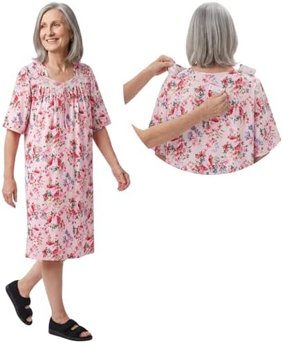 Women's Open Back Adaptive Lace Trim Nightgown - No Peek Hospital Gown for Seniors