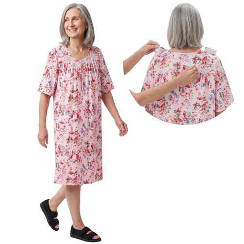Silverts Women’s Adaptive Clothing Open Back Nightgown with Pockets, Assisted Dressing Gown for Elderly, Nursing Home Care - Bloom SMA