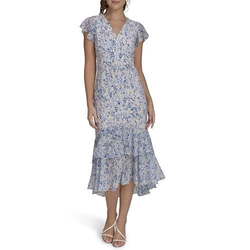 Image of Tommy Hilfiger Women's Flutter Sleeve V-Neck Ruffle Trim Hi-Lo Midi Dress
