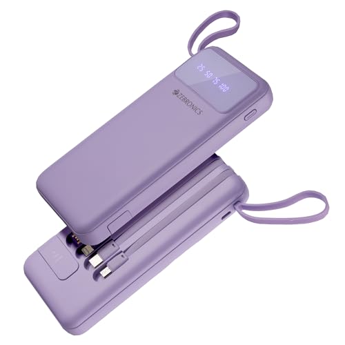 ZEBRONICS MB10000S6 Power Bank, 10000 mAh, 12W, 5 x Outputs - Dual USB A | Type C | Micro USB | Lightning, Built in I/O Cables, Percentage Display, Carry Loop, Made in India (Lavender) view 1