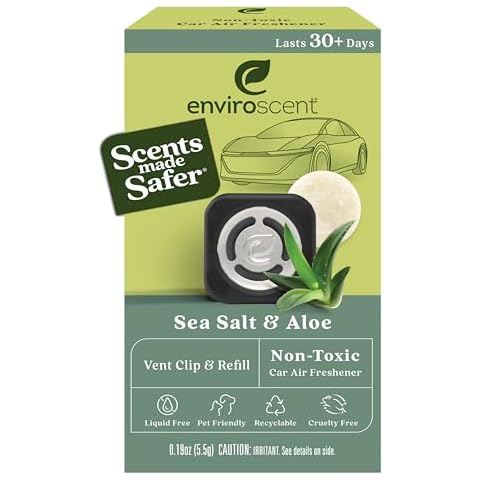 Enviroscent Non-Toxic Car Air Freshener (Sea Salt & Aloe) Car Air Freshener Infused with Essential Oils | Car Scent Lasting Over 30 Days | 1 Refillable Car Vent Clip & 1 Scent Refill Kit Cover