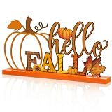 Cinnvoice 11.8 Inch Fall Thanksgiving Decorations for Home Metal Pumpkin Autumn Table Letter Sign Farmhouse Fall Table Centerpiece with Wooden Base for Mantel Shelf Desk Office Holiday Kitchen Home