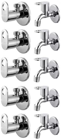 Spazio Stainless Steel Prime Angle Valve With Bib Cock Combo Pack Foam Flow Water Taps With Wall Flange (Pack of 5) (Chrome Plated, Brass Disc)