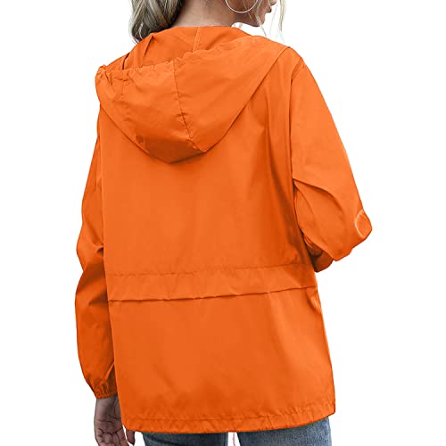 Women's Waterproof Raincoat Lightweight Rain Jacket Hooded Windbreaker With Pocket For Outdoor, Orange X-Large #TOP2