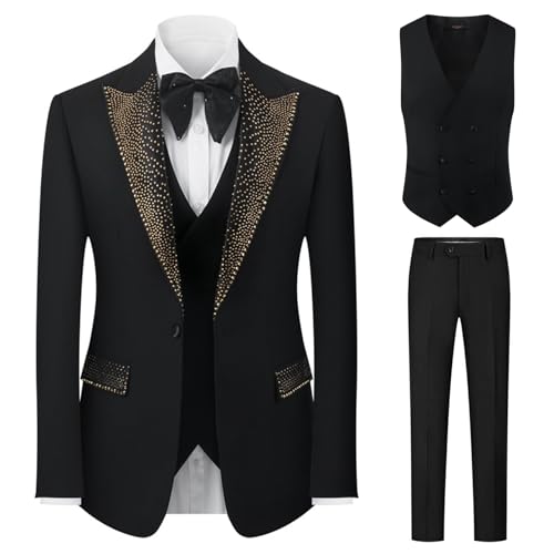 Mens Luxury 3 Pieces Suit Slim Fit Peaked Lapel with Gold Rhinestone Blazer Vest Pants Set for Prom,Party,Dinner