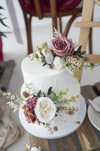 Decoración para pastel de boda con flores artificiales blancas y marrones miniatura 3