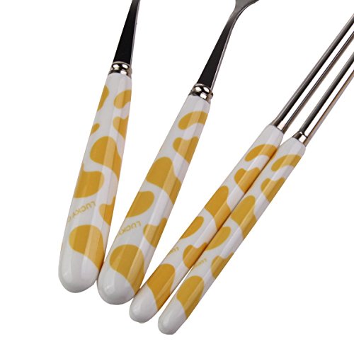Cute Creative Cow Pattern Design Flatware Set of 3 Ceramics Handle Stainless Steel Spoon Fork Chopsticks for Traveling Portable Lovely Animals Korean Tableware Set (Yellow)