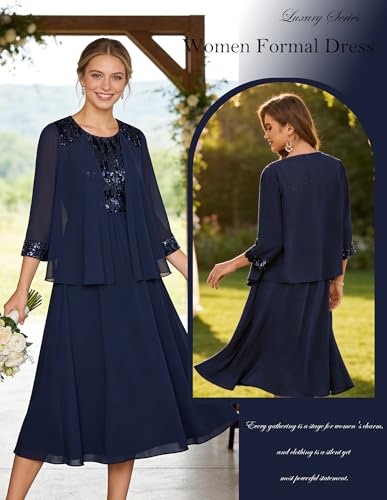 Image of GRACE KARIN Formal Wedding Guest Dress Sequin Mother of The Bride Dresses | Two Piece,3 /4 Sleeve,Tea Length,Crew Neck,Fit and Flare,Chiffon,Suitable for Spring /Summer /Fall /Winter /Cocktail /Party /Prom
