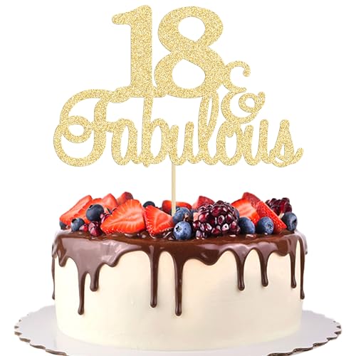 Gyufise 1Pc 18 & Fabulous Cake Topper Glitter Eighteen and Fabulous Cake Toppers Happy 18th Birthday Cake Pick for 18th Wedding Anniversary Birthday Party Cake Decorations Supplies Gold