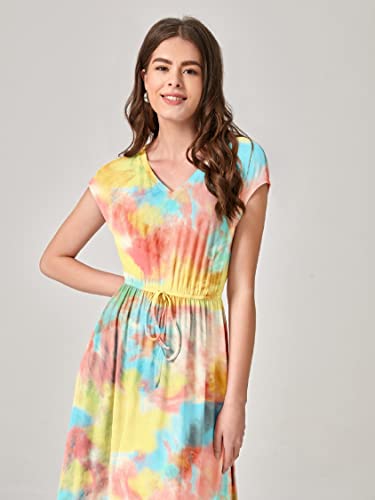 Image of Leriya Fashion Women's Tai-Dye Printed Mesh Rayon Lycra High V-Collar Neck Long Kurti Dresses for Women, A-Line Knee-Length Dress, Midi Western Dress for Women, Short Dress
