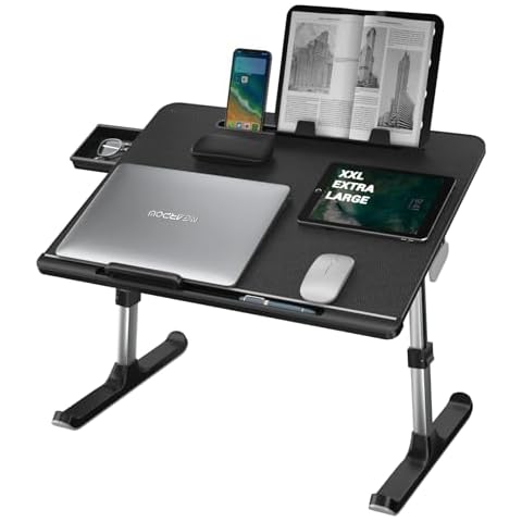 Laptop Desk for Bed, NEARPOW XXL Bed Table for Laptop and Writing, Adjustable Computer Tray Foldable Laptop Stand for Bed or Sofa W/Anti-Slip Faux Leather,Removable Stopper, Book Stand & Drawer Black Cover