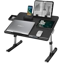 Laptop Desk for Bed, NEARPOW XXL Bed Table for Laptop and Writing, Adjustable Computer Tray Foldable Laptop Stand for Bed or Sofa W/Anti-Slip Faux Leather,Removable Stopper, Book Stand & Drawer Black