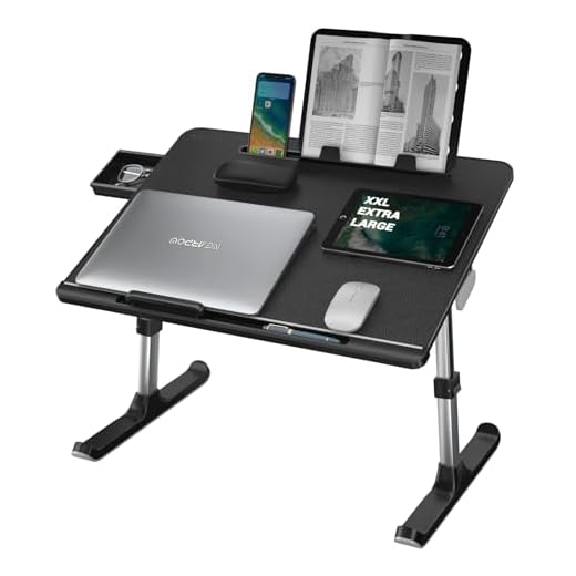 Laptop Desk for Bed, NEARPOW XXL Bed Table for Laptop and Writing, Adjustable Computer Tray Foldable Laptop Stand for Bed or Sofa W/Anti-Slip Faux Leather,Removable Stopper, Book Stand & Drawer Black