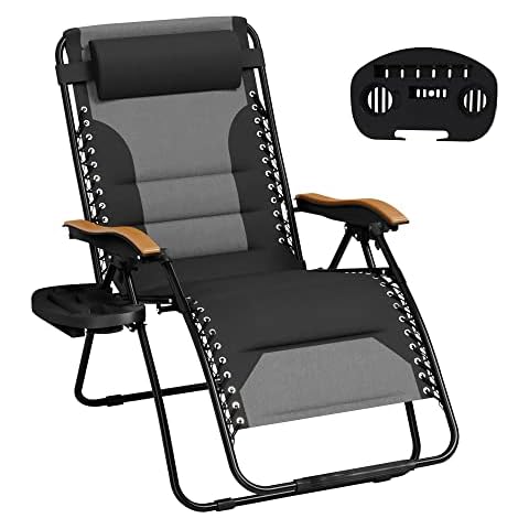 MFSTUDIO Zero Gravity Chairs, Oversized Patio Recliner Chair, Padded Folding Lawn Chair with Cup Holder Tray, Support 400lbs, Black Cover