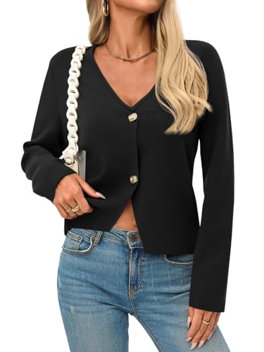 Saodimallsu Womens V Neck Cardigans Long Sleeve Button Down Cropped Knit Trendy Front Slit Dressy Casual Fall Sweater Blazers