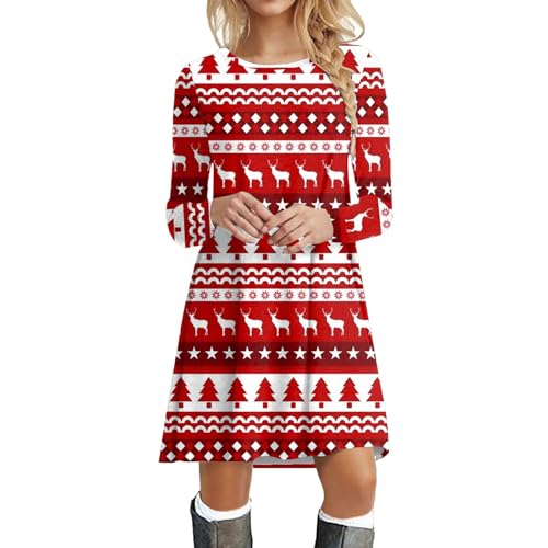 Weihnachts Pullover Kleid Damen A-Line Kleid Langarm mit Weihnachten Motiv Herbst Winter Rundhals Shirtkleider Minikleid Christmas Gedruckt Longshirt...