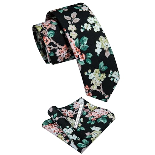 Image of YourTies Cotton Floral Tie for Men 2.5 inch Printed Skinny Necktie Pocket Square Tie Clip Set Flower Wedding Party Groom