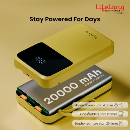 Image of Lifelong Electronics 20000mAh 22.5W Fast Charging Power Bank | 3 Inputs (1 Built-in USB A Cable + 1 C + 1 Lightning Port) & 6 Outputs (3 Built-in Cables + 1 C + 2 A Port) | Small Pocket Size Powerbank