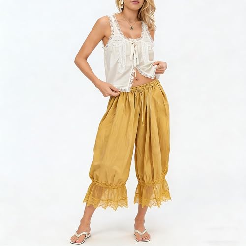 Image of KOSUSANILL Women Long Bloomer Pants Lace Trim Ruffle Pantaloons Cropped Lounge Pajama Bottoms Y2K Capri Pettipants