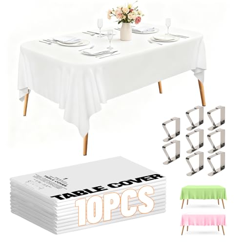 Ouxayapl Lot de 10 Nappe Blanche Anti-Taches, 274 x 137 cm, Nappe rectangulaire imperméable, pour Les Fêtes,Les Anniversaires, Les Mmariages, Noël