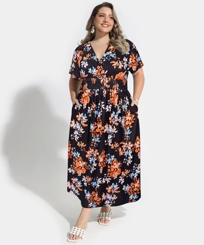 Image of CARCOS Plus Size Dresses for Curvy Women V Neck Summer Maxi Dress Short Sleeve Floral Boho Dress Smocked Waist Beach Dress