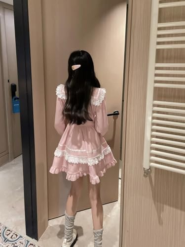 Lolita Kawaii Sailor Dress Teens Fall Casual Cute Lace Bow Long Sleeve High Waist Frilly Hem Party Junior Dresses4