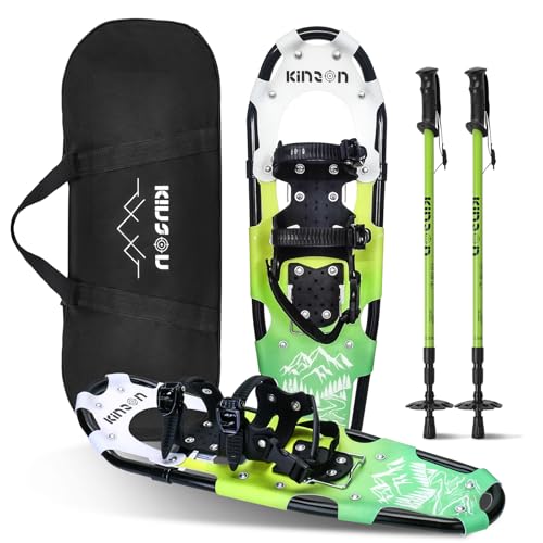 KinZon Raquetas de Nieve 3 en 1, Ligeras y sólidas, con Bastones de Trekking y Bolsa de Transporte, Dispositivo de elevación del talón,para Practicar Senderismo (Verde, 63,5 cm (para 54-86 kg))