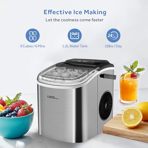 LIVINGbasics Machine à glace en acier inoxydable, auto-nettoyage,9 Cubes en 6-12 min 26 Lbs/Jour. 1.2L Réservoir de stockage d'eau. Vue couvercle de fenêtre. 35dB. Eau auto & Alertes de glace. & panier inclus.
