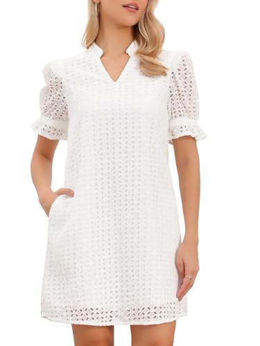 Allegra K Vestido Mini de Manga Corta para Mujer Verano 2026 Cuello en V Volantes Encaje Calado con Ojales Blanco XL