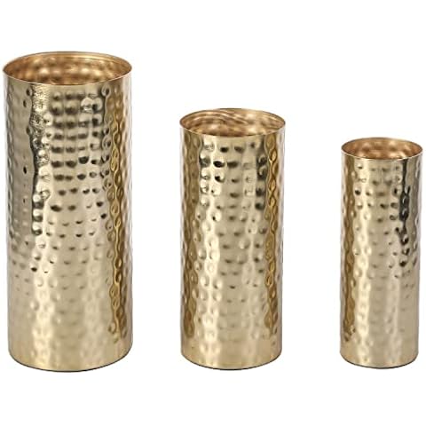 MyGift Brass Tone Hammered Metal Cylinder Flower Vases Set Cover