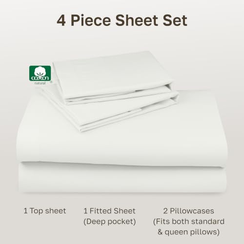 Image of California Design Den Deep Pocket Queen Sheets Set - Natural 100% Cotton Sheets Queen Size Bed Set, Soft Sateen Weave, Breathable and Durable Bedding Ivory (Eggshell)
