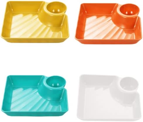 HNOYGNU 4pcs Dumpling Plate,Plastic Plates with Dipping Saucer,Dumpling Plates with Sauce Compartment for Party Chips,Sushi, Dumpling, Snack(4 Colors)