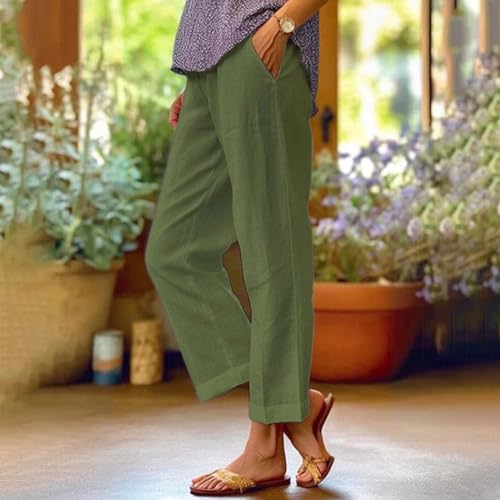 Cotton Linen Pants Women Summer Elastic Straight Leg Pants Plus Size Wide Leg Crop Pants Beach Trousers with Pockets2