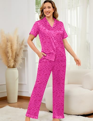 Image of SWOMOG Women Satin Pajamas Set Short Sleeve Top & Pants Sleepwear Silky Button Down Nightwear 2pcs Loungewear Pjs Set
